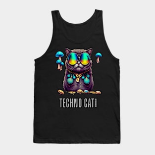 Techno Shirt - Techno Cat - Catsondrugs.com - rave, edm, festival, techno, trippy, music, 90s rave, psychedelic, party, trance, rave music, rave krispies, rave flyer Tank Top